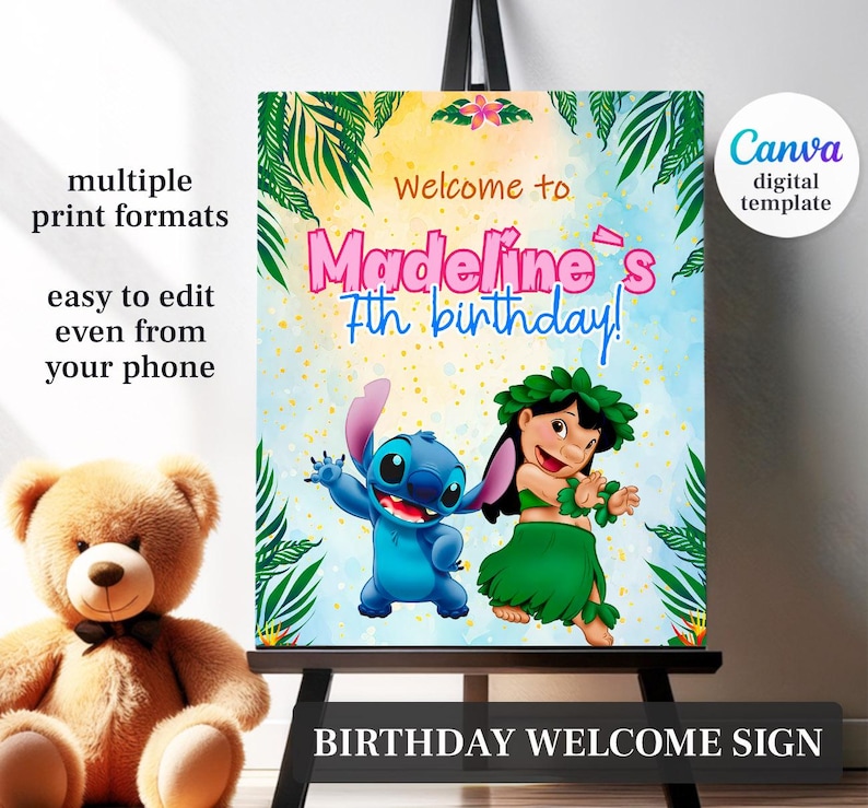 Puede incluir: Un colorido letrero de bienvenida de cumplea&ntilde;os con el texto "Welcome to Madeline's 7th birthday!" y personajes de dibujos animados. El letrero est&aacute; sobre un caballete, con texto que dice "multiple print formats" y "easy to edit even from your phone".