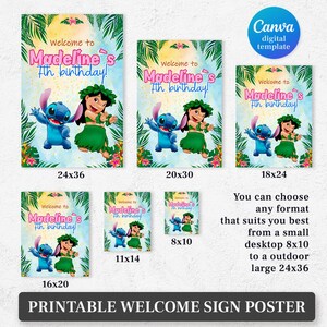 Puede incluir: Un p&oacute;ster de letrero de bienvenida imprimible con el texto "Welcome to Madeline's 7th birthday!" y los personajes de dibujos animados Stitch y Lilo. Disponible en varios tama&ntilde;os, desde 20x25 cm hasta 61x91 cm.