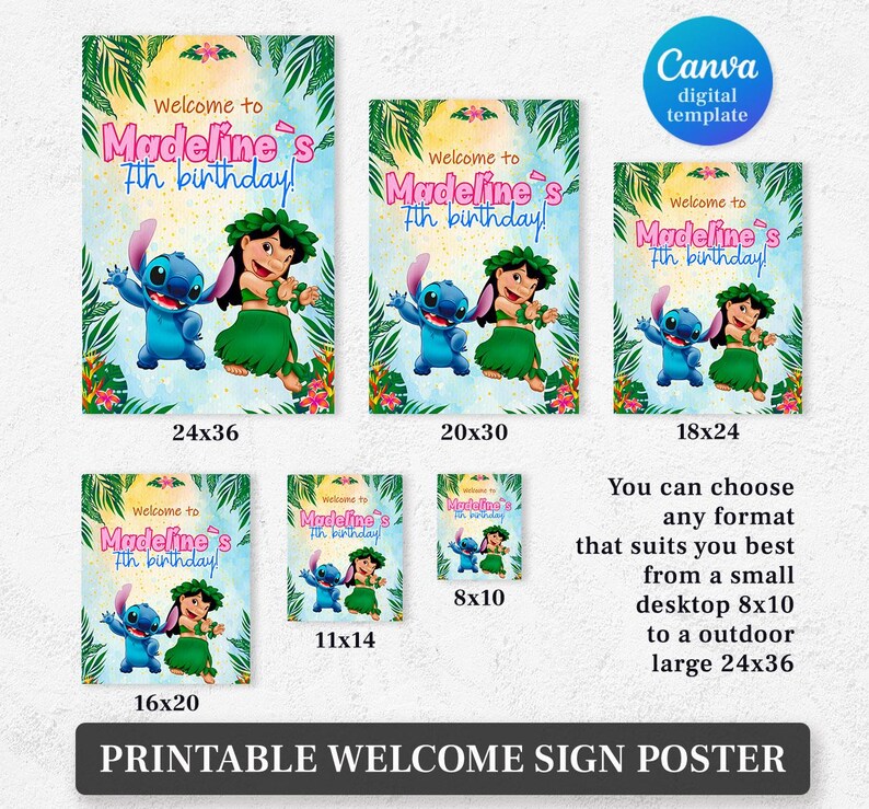 Puede incluir: Un p&oacute;ster de letrero de bienvenida imprimible con el texto "Welcome to Madeline's 7th birthday!" y los personajes de dibujos animados Stitch y Lilo. Disponible en varios tama&ntilde;os, desde 20x25 cm hasta 61x91 cm.