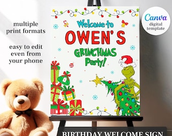 Plantilla de cartel de bienvenida imprimible del Dr. Seuss, cartel de bienvenida para fiesta de cumpleaños del Grinch, cumpleaños de niño y niña en Navidad, fiesta de Grinchmas
