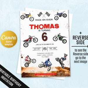 May include: A printable birthday invitation featuring a motocross theme. The design includes illustrations of dirt bikes, the name "Thomas", and the number "6". The invitation also includes event details and RSVP information.