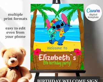 May include: A colorful birthday welcome sign featuring the character Stitch from Lilo & Stitch. The sign includes the text "Welcome to Elizabeth's 8th birthday party!" and "BIRTHDAY WELCOME SIGN". The sign is a Canva digital template.