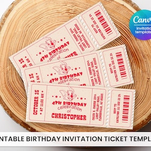 May include: Three beige birthday invitation tickets with red text and a cartoon character illustration. The tickets read "4th Birthday Celebration" and include event details. The text "Printable Birthday Invitation Ticket Template" is at the bottom.