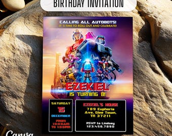 May include: Birthday party invitation featuring a colorful image of Transformers robots. The invitation is for Ezekiel's 8th birthday party, which will be held on Saturday, December 15th from 10:00 AM to 1:00 PM at Ezekiel's house. The address is 789 Euphoria Ave, Glee Town, TN 37211. RSVP to Lindsey at 123.456.7890.