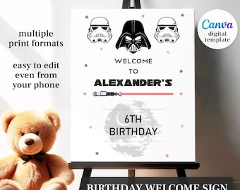 Plantilla imprimible de letrero de bienvenida con forma de estrella, póster de bienvenida para fiesta de cumpleaños de Stormtrooper Wars, decoración para fiesta de cumpleaños de Darth Vader.