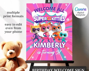 Plantilla de cartel de bienvenida de SuperKitties, póster de bienvenida de SuperKitties para fiesta de cumpleaños imprimible, cumpleaños de niño, plantilla de decoración de cumpleaños de gatito