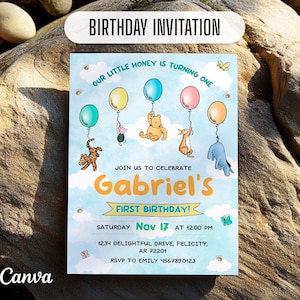 Winnie the Pooh Invitation, Printable Editable Boy Girl Birthday Invite, Electronic invitation, teddy bear Invite template, winnie invite