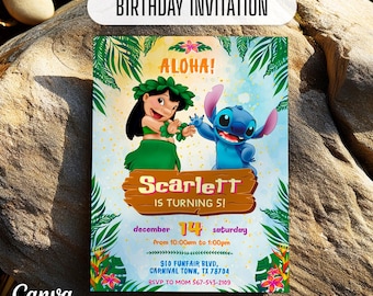 Könnte beinhalten: Geburtstagseinladung mit den Charakteren Lilo und Stitch, dem Text "Aloha!" und "Scarlett wird 5!". Die Einladung enthält Veranstaltungsdetails und ist mit tropischen Blättern und Blumen verziert.