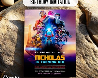 Invitación de fiesta de Transformers One, invitación de cumpleaños imprimible de Rescue Bots, invitación de Optimus Prime, invitación de fiesta de Autobots, invitación de Bumblebee