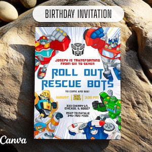 Puede incluir: Invitación de cumpleaños con los personajes de Transformers Rescue Bots. La invitación es blanca con un borde azul y presenta el texto "Roll Out Rescue Bots" en letras grandes y en negrita. La invitación también incluye el texto "Joseph is transforming from six to seven" y los detalles de la fiesta, incluida la fecha, la hora y la ubicación.