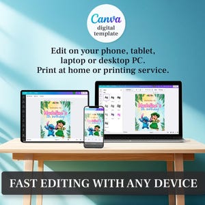 Puede incluir: Plantilla digital que se muestra en una computadora port&aacute;til, tableta y tel&eacute;fono. La plantilla presenta un dise&ntilde;o colorido con el texto "Madeline's 7th birthday!" y personajes de dibujos animados. El logotipo de Canva es visible en la esquina superior izquierda. El texto "Fast editing with any device" est&aacute; en la parte inferior.