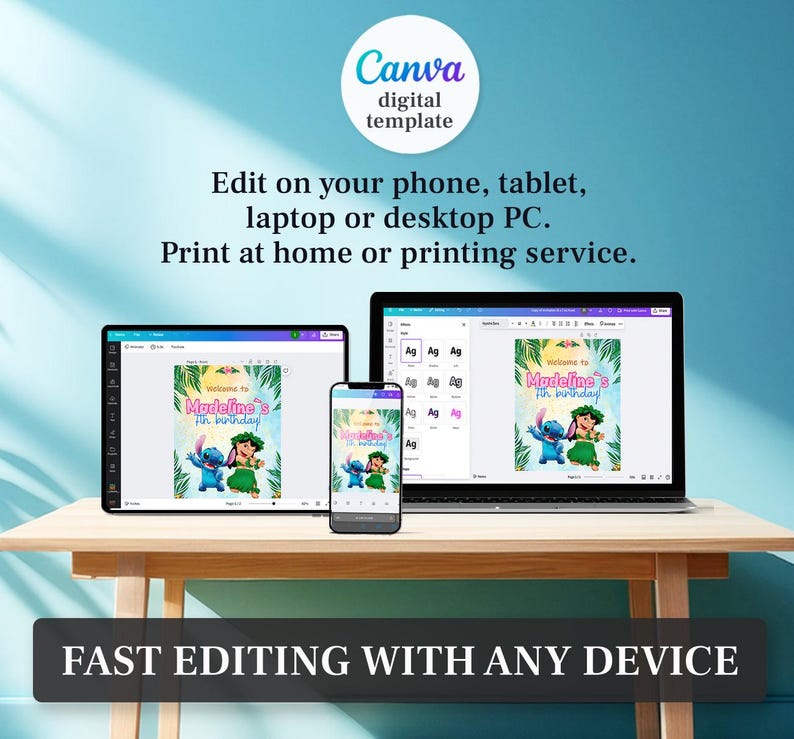 Puede incluir: Plantilla digital que se muestra en una computadora port&aacute;til, tableta y tel&eacute;fono. La plantilla presenta un dise&ntilde;o colorido con el texto "Madeline's 7th birthday!" y personajes de dibujos animados. El logotipo de Canva es visible en la esquina superior izquierda. El texto "Fast editing with any device" est&aacute; en la parte inferior.