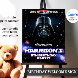 Darth Vader birthday welcome sign, Star Wars welcome in, printable dark side poster, instant download, editable birthday invite template