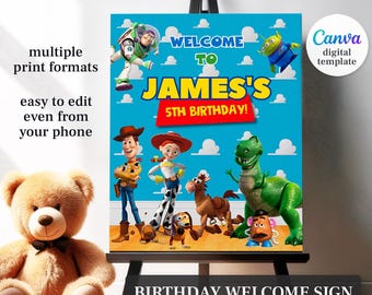 Plantilla de letrero de bienvenida imprimible de Toy Story Woody, póster de bienvenida para fiesta de cumpleaños de Two Infinity Beyond, decoración de cumpleaños para niño y niña de Toy Story