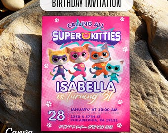 SuperKitties Einladung, druckbare bearbeitbare Super Kitties einladen, SuperKitty-Geburtstagsfeier einladen Vorlage, Kätzchen-Einladung Süß einladen