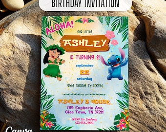 Könnte beinhalten: Eine farbenfrohe Geburtstagseinladung mit dem Text "BIRTHDAY INVITATION" oben. Die Einladung zeigt den Text "ALOHA!" und "ASHLEY" mit Zeichentrickfiguren und Veranstaltungsdetails. Die Einladung ist mit tropischen Blättern und Blumen verziert.