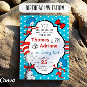 Può includere: Un invito di compleanno con uno sfondo a pois blu con personaggi di un libro per bambini. L'invito include il testo "BIRTHDAY INVITATION", i nomi "Thomas & Adriana" e la data "25 ottobre".
