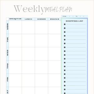 Planejador de Refeições Semanais para Imprimir e Lista de Compras | Modelo de Preparação de Refeições para Planejamento Alimentar Organizado