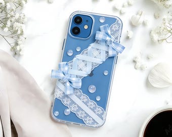 Y2k Handyhülle mit handgefertigter blauer Schleife, TPU-Schutzhülle