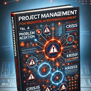 May include: A book cover with a black and red design featuring a circuit board with warning signs and the text "PROJECT MANAGEMENT FOR RRGEEPFRE ID KIGFHINNNGE UMENT TAL 4 PROBLEM RESATION CRISIS KRISEF NAMGNEN KRISES".