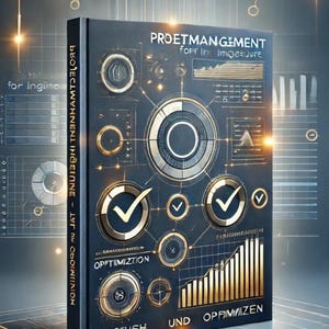 May include: A book cover with a blue background and gold accents. The title is "PROETMANGEMENT" with the subtitle "FOFF In IMQESUIJF". The cover features a stylized design with checkmarks, circles, and a bar graph.