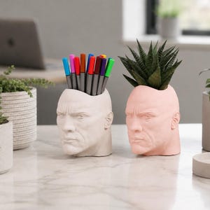 May include: Two head-shaped planters, one white and one pink, sit on a marble surface. The white planter holds colorful markers, while the pink one contains a succulent plant. Other potted plants and a laptop are in the background.