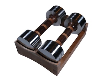 5 kg dumbbells with canaletto walnut and Pacific Coast maple handles, stainless steel weights and solid cherry support.