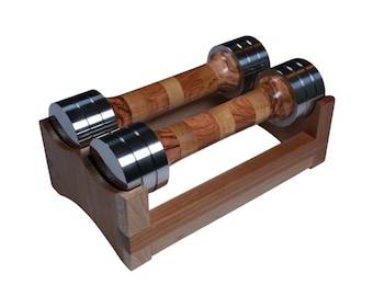 2 kg dumbbells with olive and apricot handles, stainless steel weights and solid cherry support.
