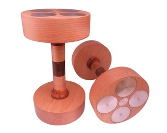 5 kg dumbbells with Pacific Coast maple, canaletto walnut and apricot handles, stainless steel weights.