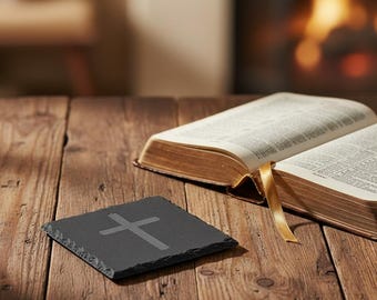 Posavasos de pizarra con cruz grabada – Regalo religioso cristiano grabado con láser