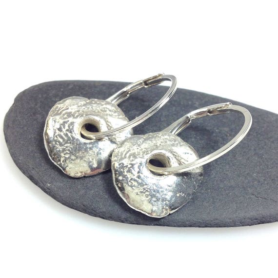 Sterling Silver Disc Hoop Earrings: Textured Rustic Style