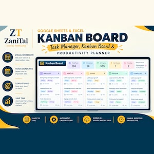 Könnte beinhalten: Eine digitale Kanban-Board-Vorlage für Google Sheets und Excel von ZaniTal. Die Benutzeroberfläche zeigt einen Aufgabenmanager und Produktivitätsplaner mit Spalten für Backlog, nächste Schritte, in Bearbeitung, Überprüfung und abgeschlossene Aufgaben.