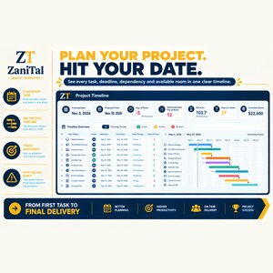 May include: A digital project management template featuring a dark blue dashboard with a timeline overview, task lists, and progress tracking metrics. The layout includes text headers like PLAN YOUR PROJECT. HIT YOUR DATE and ZT ZaniTal Digital Templates.
