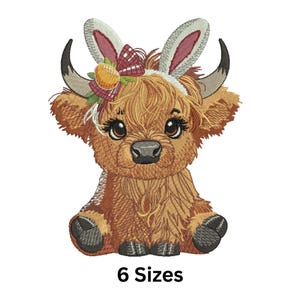Disegno per ricamo a macchina con mucca con frange pasquali, file con motivo per ricamo a macchina con mucca delle Highlands, file per ricamo con mucca felice con bandana, 6 misure