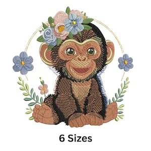 Floral Monkey Embroidery Design: Safari Animal Machine Embroidery Pattern (6 Sizes, Instant Download)