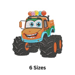May include: Embroidered cartoon monster truck in orange, green, and blue. The truck has large black tires with orange accents, a smiling face, and colorful lights on top. The text "6 Sizes" is below the truck.