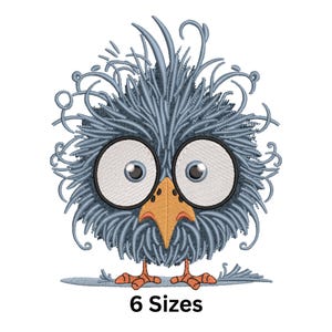 May include: Embroidered design of a blue bird with large round eyes and a small orange beak. The bird has a messy, fluffy appearance and is surrounded by swirls.