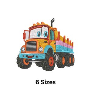 Puede incluir: Camión de dibujos animados bordado en amarillo, naranja, azul y rosa. El camión tiene ruedas grandes y una cara sonriente. El texto "6 Tamaños" está debajo del camión.