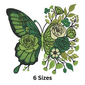 Floral Green Butterfly Embroidery Design: Flower Machine Embroidery File (6 Sizes, Instant Download)