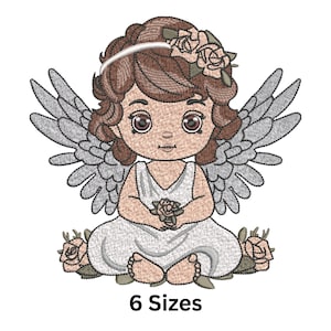 Diseño de bordado de ángel floral para niña, patrón de bordado a máquina de ángel adorable, archivos de bordado de niña adorable, 6 tamaños, descarga instantánea