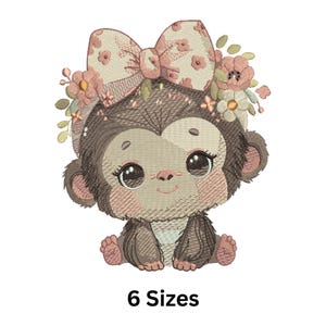 Baby Monkey Floral Embroidery Design: Safari Animal Machine Embroidery Pat (6 Sizes, Instant Download)