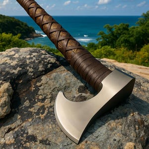 May include: A handcrafted axe with a polished steel blade and a brown leather-wrapped handle. The handle features intricate woven leather detailing. The axe is resting on a large rock, with a scenic ocean and sky background.