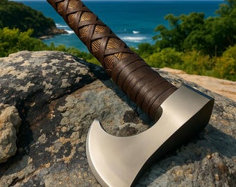 Hand-Forged Japanese D2 Steel Axe: 29" Ash Handle, Leather Grip