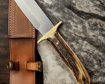 Handmade D2 Steel Hunting Knife: Stag Horn Handle & Leather Sheath