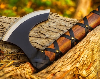 Hand-Forged D2 Steel Viking Axe: Rosewood Handle, Leather Wrap