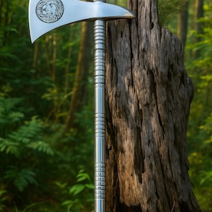 May include: A polished metal axe with a lion's head emblem on the blade. The axe has a ridged handle and is leaning against a weathered tree stump in a forest setting. The axe is a tool.