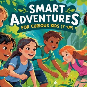 Puede incluir: Ilustración de seis niños con mochilas, sonriendo y explorando un entorno forestal. La imagen presenta el texto "SMART ADVENTURES FOR CURIOUS KIDS (7-UP)" en una pancarta verde y blanca.