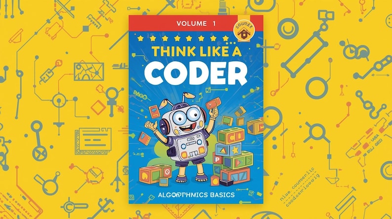 K&ouml;nnte beinhalten: Buchcover "Think Like a Coder, Volume 1" mit einem Cartoon-Roboter. Der blaue Einband hat wei&szlig;en Text und ein rotes Banner. Der Hintergrund ist gelb mit Leiterplattenmustern.