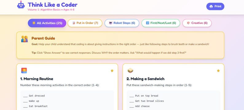 K&ouml;nnte beinhalten: Eine Webseite mit dem Titel "Think Like a Coder" mit Grundlagen der Algorithmen f&uuml;r Kinder im Alter von 4-6 Jahren. Sie enth&auml;lt Aktivit&auml;tsbereiche wie "Alle Aktivit&auml;ten", "In Reihenfolge bringen" und "Roboterschritte".