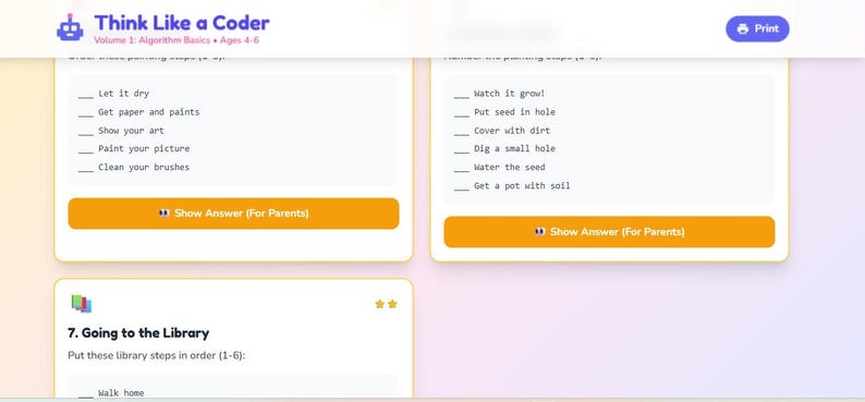 K&ouml;nnte beinhalten: Ein Arbeitsblatt mit dem Titel "Think Like a Coder" mit Grundlagen der Algorithmen f&uuml;r Kinder im Alter von 4-6 Jahren. Das Arbeitsblatt enth&auml;lt L&uuml;ckentexte und einen Abschnitt zum Ordnen von Schritten.